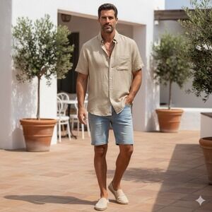 Daniel Cremieux 100% Linen Button Down Shirt Men's XL Beige Tan Classic Casual